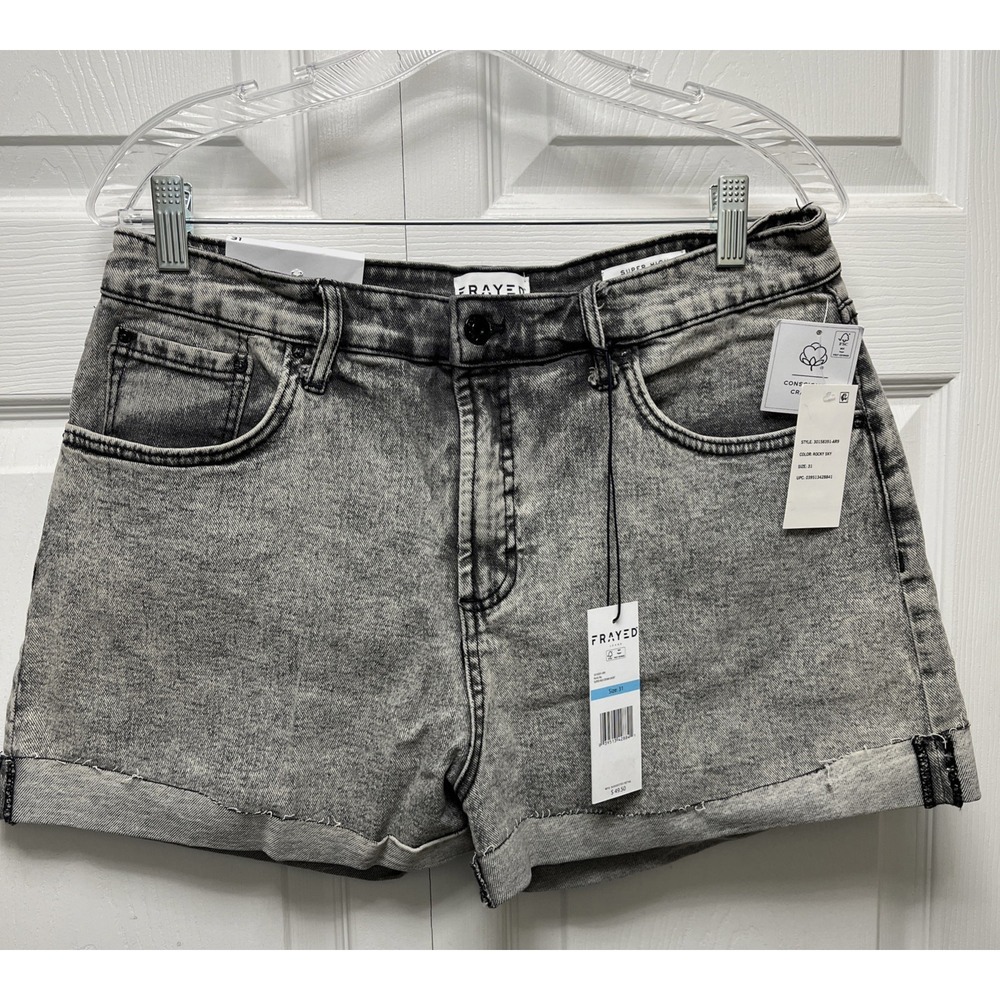 FRAYED Super High Rise‎ Distressed Denim Rolled Cuff Shorts 31 stonewashed black